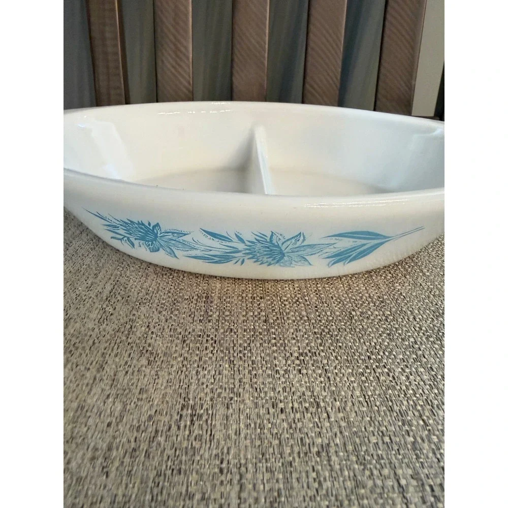 Vintage Glasbake Blue Floral Milk Glass Divided Oval Casserole Dish J-2352 USA